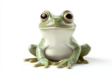 Obraz premium Cute cartoon frog with big eyes sitting on white background, inspired by children's animations