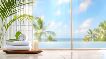 Obraz premium Serene spa retreat with ocean view and relaxation essentials