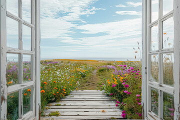 Serene View Through an Open Doorway Framed by Vibrant Wildflowers Under a Blue Sky with Wispy Clouds, Inviting Natures Beauty Inside.