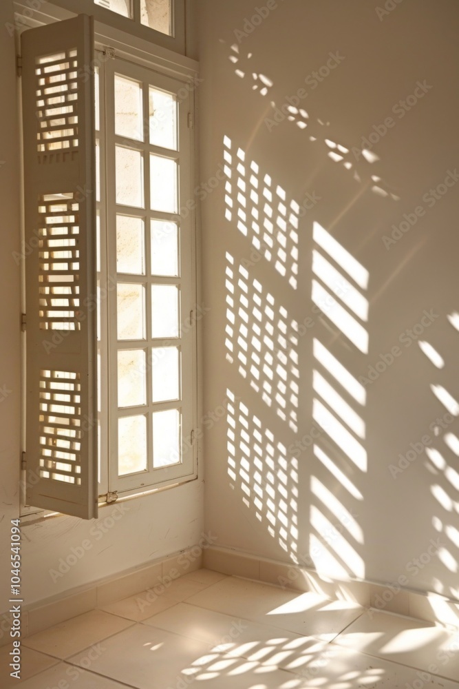 Poster soft morning light streaming through open shutters, creating intricate shadow patterns on a minimali