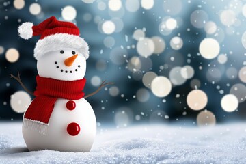 Obraz premium A joyful snowman stands in a winter wonderland, adorned with a red scarf and hat, smiling with a carrot nose and coal eyes against a snowflake-filled backdrop.
