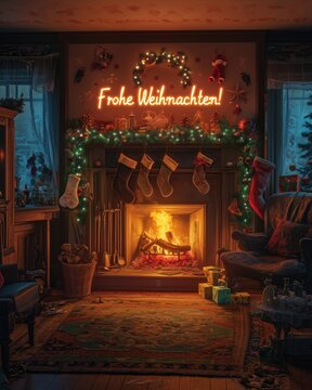 Gem&uuml;tliches Weihnachtszimmer mit Kaminfeuer