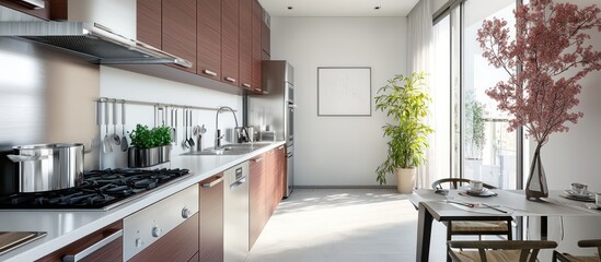 Modern kitchen setting with pale dogwood cabinets, stainless essentials, and simple dining setup.