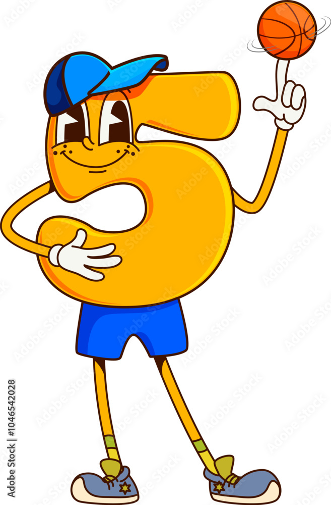 Poster math number five groovy character on fitness. kids education numeric symbol groovy vector personage,