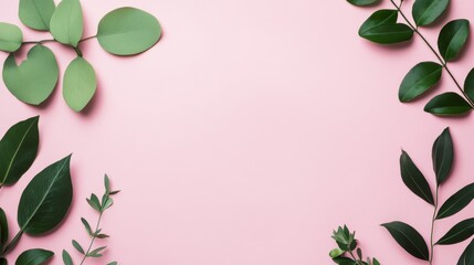 Fototapeta premium Photo of, Pink background with minimalist botanical elements like leaves and flowers for design, banner template
