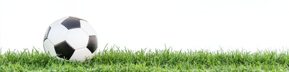 Soccer ball resting on green grass with white background