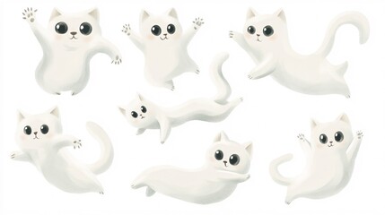 2410 87.A set of cute Halloween ghost cats floating playfully in various poses, each with a soft, hand-drawn look. The doodle-like ghost kittens have wide, expressive eyes and gentle, flowing tails,
