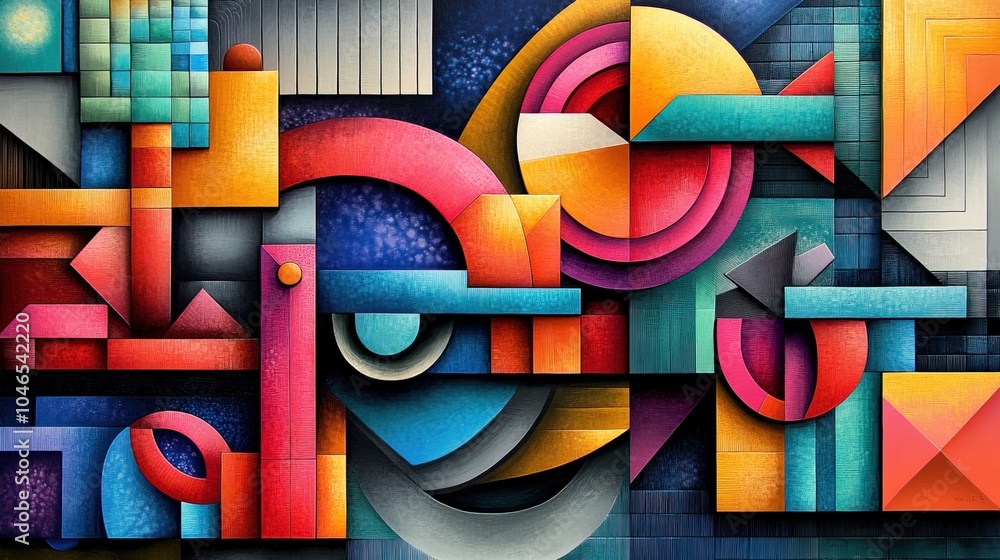 Poster an array of vibrant geometric shapes with varied colors