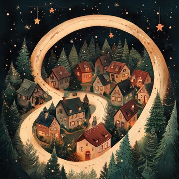 Weihnachtliches Dorf mit funkelnder Lichterspirale