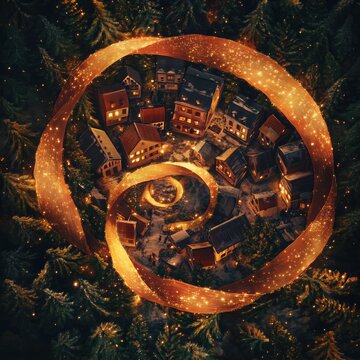 Weihnachtliches Dorf mit funkelnder Lichterspirale