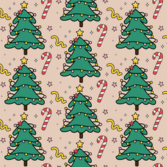Merry Christmas groovy seamless pattern. Xmas tree, candy, star in a groovy retro cartoon style. Vector illustration for textile, packaging, wallpaper, wrapping paper