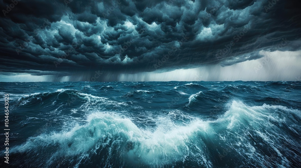 Poster stormy sea with dark clouds and rough waves, creating a dramatic atmosphere.