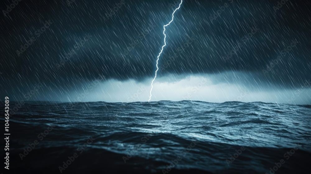 Poster stormy ocean scene with lightning striking above turbulent waves.