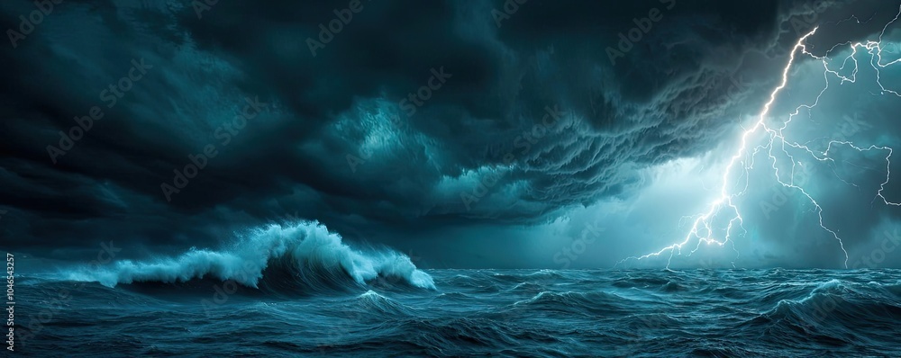Poster Dynamic ocean scene with turbulent waves and bright lightning against dark clouds.
