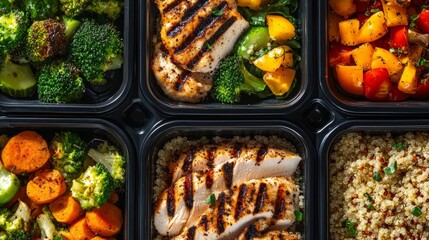 Colorful meal prep containers filled with grilled chicken, veggies, and grains, offering a healthy and balanced diet.