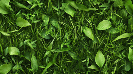 Lush, green foliage and grass create a vibrant, natural texture, showcasing a dense arrangement of leaves in various shades of green.