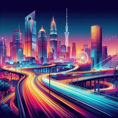 Fototapeta premium Capture the vibrant energy of a city skyline at twilight. background, banner, card, poster, template. illustration, avant garde colour elegant