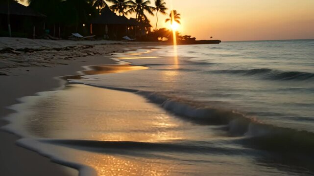 The sun sets over a tropical beach, casting a golden glow on the sand and waves