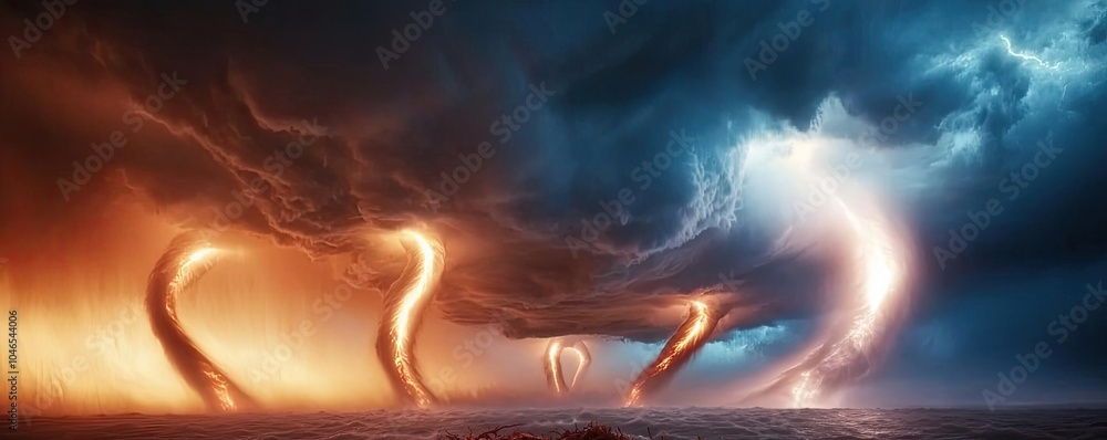 Poster dramatic weather phenomenon with twisting tornadoes in contrasting colors.