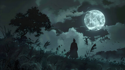 Lone warrior holding sword standing in full moon, dramatic scene