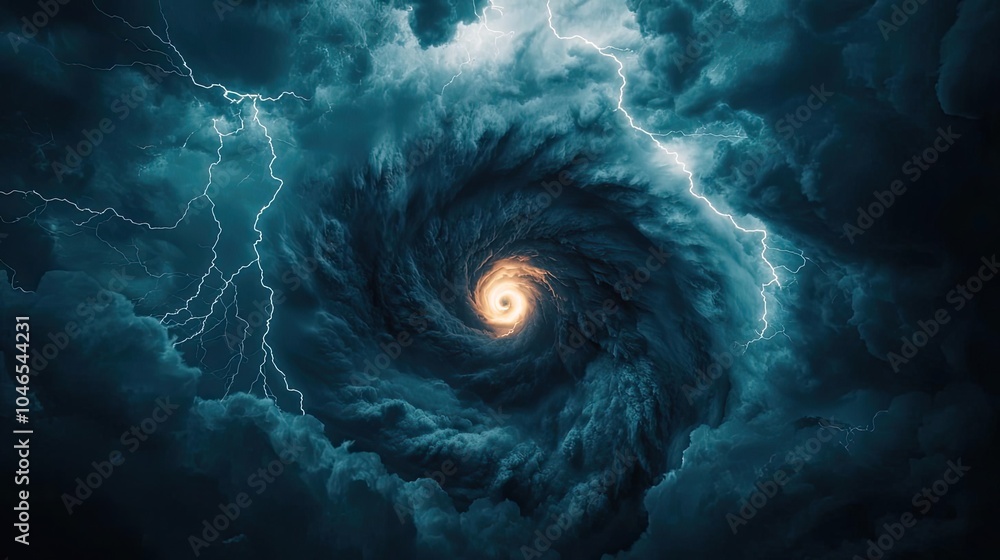 Poster dark swirling storm clouds with lightning and a central vortex, dramatic atmospheric effect.