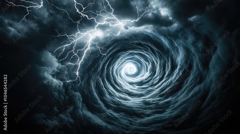 Poster dramatic swirling thunderstorm clouds with lightning flashes.
