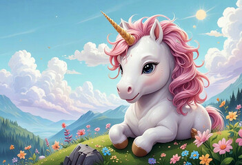 Fototapeta premium Illustration of a magical unicorn with a pink mane running through a flower field against the backdrop of mountains and forest under a bright sky, creating a fairytale atmosphere