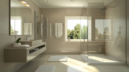 A sleek bathroom with a wall-mounted sink