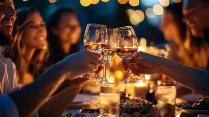 A joyful gathering of friends celebrating with glasses raised, surrounded by soft candlelight and string lights.