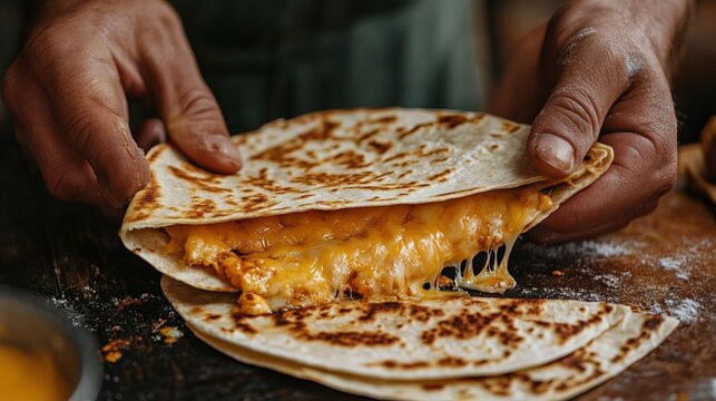 A quesadilla being lifted, with the cheese stretching between the folded tortilla