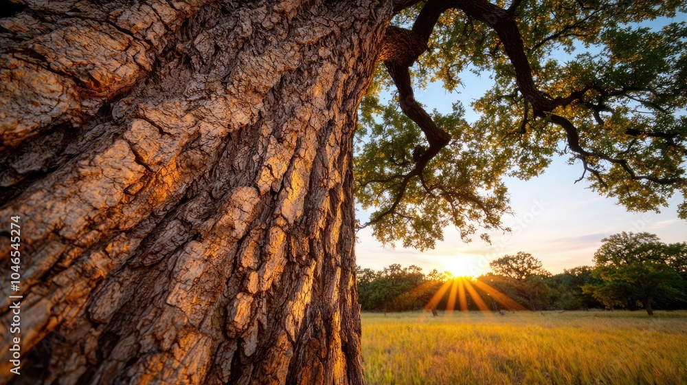 Poster close-up of a tree trunk with sunlight filtering through the leaves at sunset.