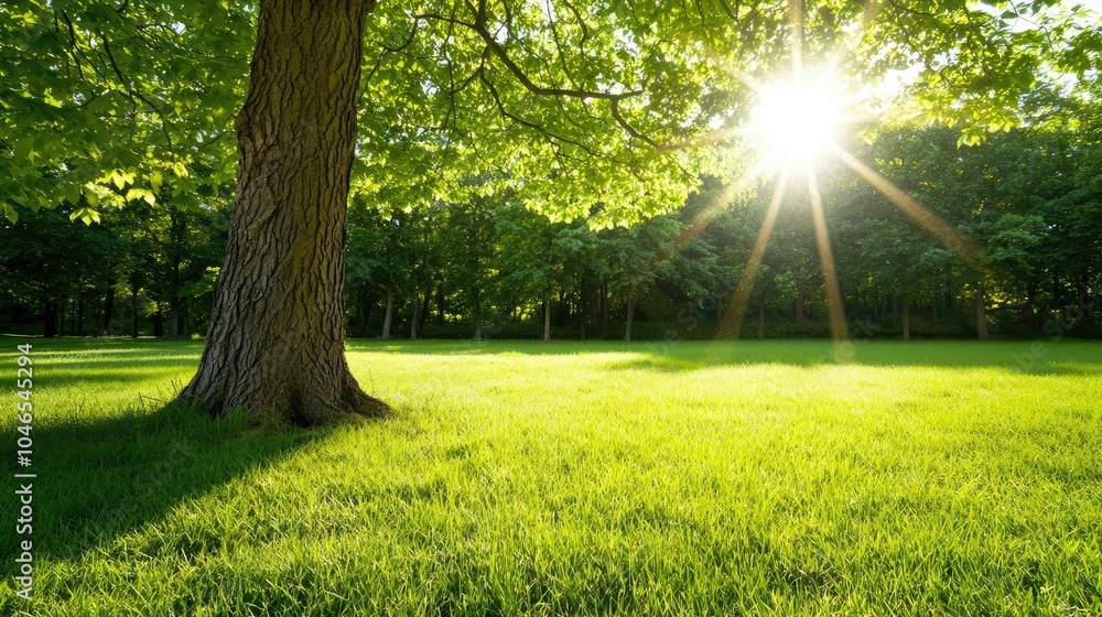 Poster Sunlight filtering through a lush green tree in a serene grassy field.