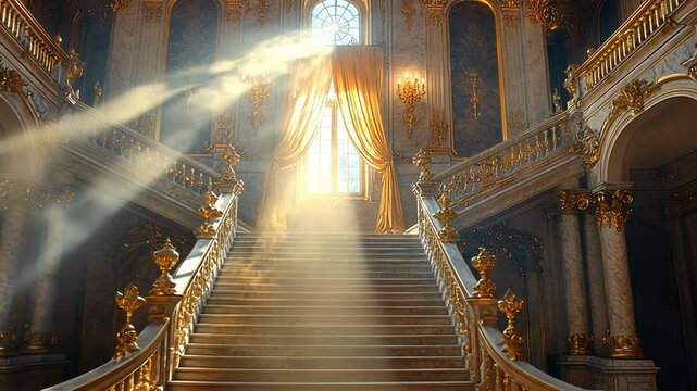 Sunlight streams through a window, illuminating a grand staircase