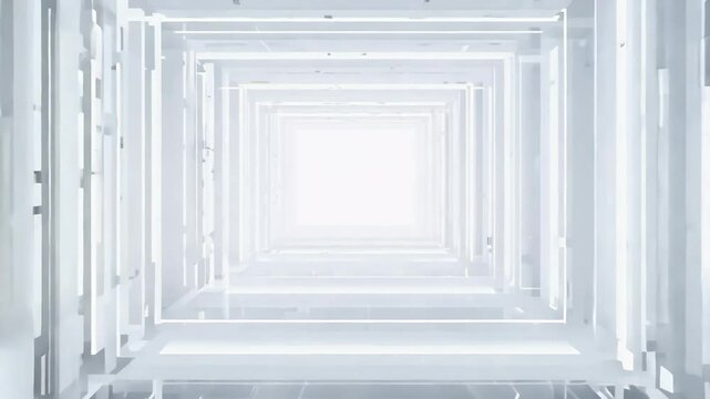4K animation tunnel white squares set black background viewer seemingly moving forward seamless loop offering mesmerizing 3D effect endless abstract frame corridor rectangular hall architectural