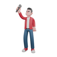 3D Vocal Artist Character.  A male singer stands lifting a microphone with his left hand. Cartoon Music Star
