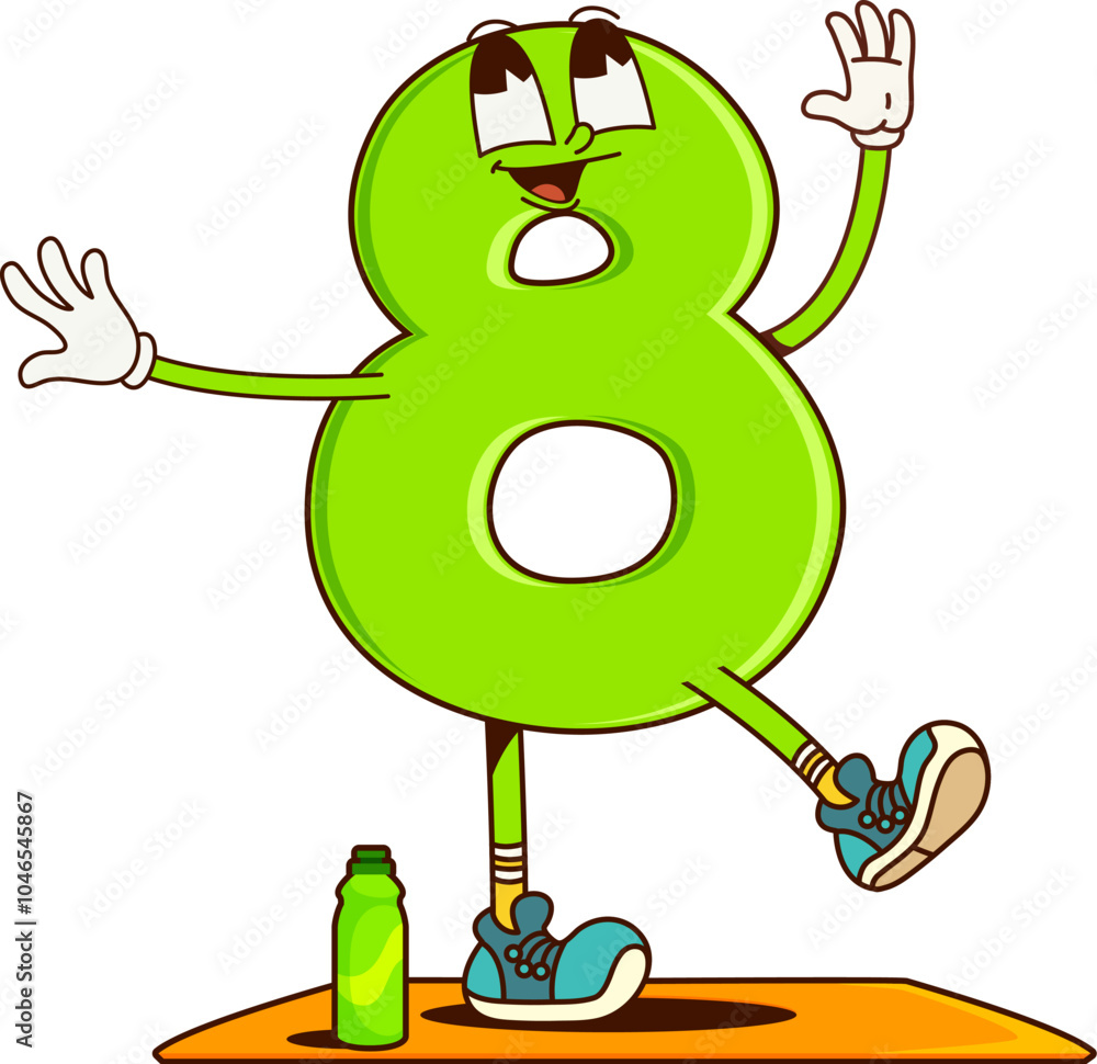 Poster math number eight groovy character on fitness. practicing fitness exercise school math number cheerf