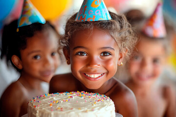 Children Celebrating Birthday with Cake and Party Hats