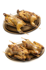 fried woodcocks on a plate on a white background