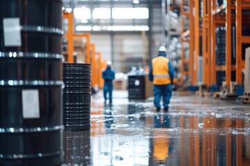 Chemical leaking from a barrel in a warehouse, with workers wearing protective gear nearby. The scene captures the hazardous environment and the importance of safety protocols.