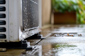 Coolant leaking from an air conditioning unit, forming a small pool on the ground below. The image highlights maintenance issues and the need for HVAC system servicing. 