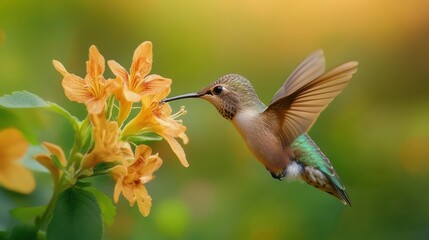 Fototapeta premium A close-up of a hummingbird sipping nectar from a flower.