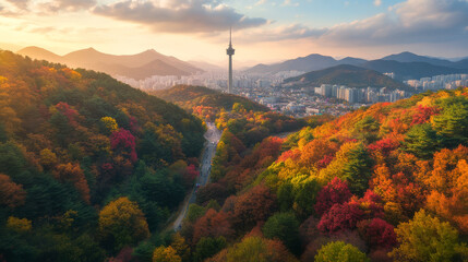 Obraz premium A beautiful autumn landscape with a city in the background