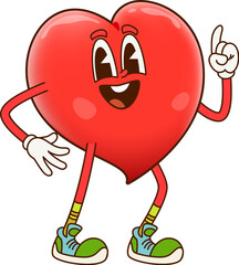 Cute groovy heart character with a joyful expression, wearing sneakers and gesturing energetically. Isolated cartoon vector retro personage for Valentines day exudes positivity and romance and love