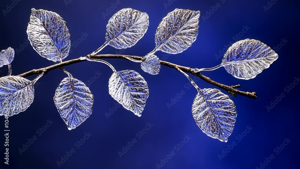 Poster a twig with delicate, translucent leaves hangs against a deep blue backdrop, creating a beautiful an