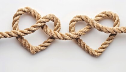Obraz premium Two hearts shaped from a single natural brown rope tied together on a clean white background.
