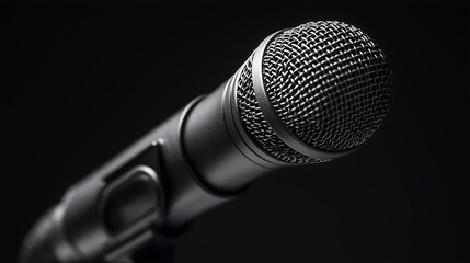 A close-up shot of a black microphone against a dark background. 
Symbolizes voice recording, studio and live performance and communication