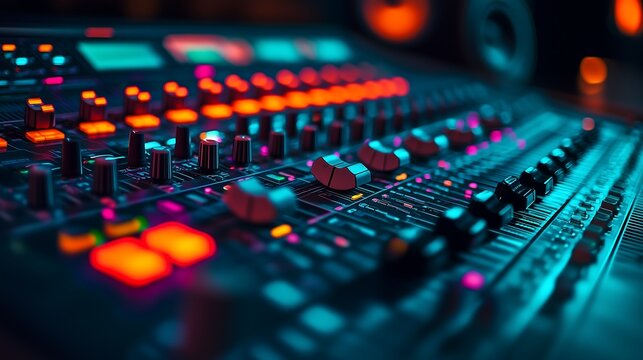 A close-up of a soundboard, audio mixer with colorful lights. recording studio shot. Symbolizes audio engineering, sound and music recording.