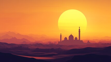 Naklejka premium Silhouette of mosque at sunset, orange sky