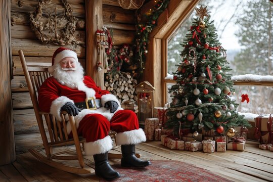 Smiling santa claus sitting on the rocking chair in his wooden cozy, warm house in lapland next to the decorated christmas tree with gifts underneath. Snow behind the big window. 