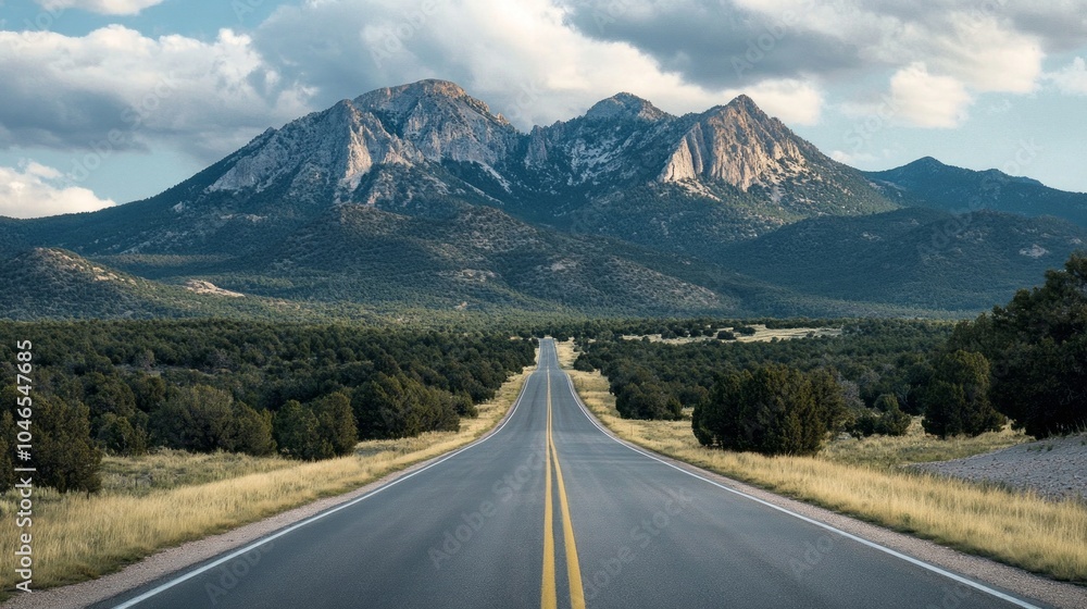 Poster a long road with a mountain range in the background